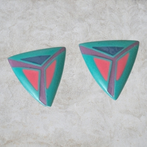 Vintage Jewelry - Vintage 1980s Geometric Turquoise and Pink Earrings Pierced
